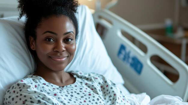 smiling black woman resting hospital bed after medical treatment 111862 435